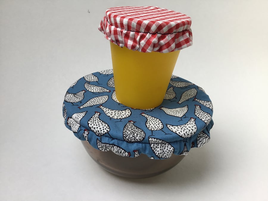Seconds Sunday. 2 small-sized reusable bowl covers. Chickens and checks