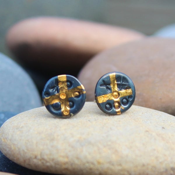 Small ear studs, silver and gold, Keum boo, oxidised with gold cross, round stud