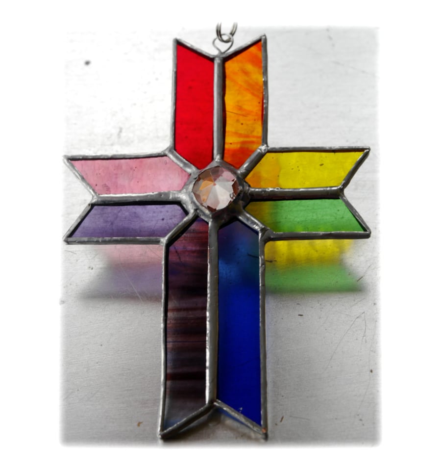 Cross Suncatcher Stained Glass Handmade Rainbow Crystal 047