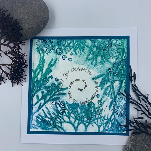 Original gelli print seaweed greetings card.