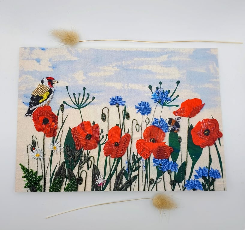 Poppies and Goldfinch A5 textile art print