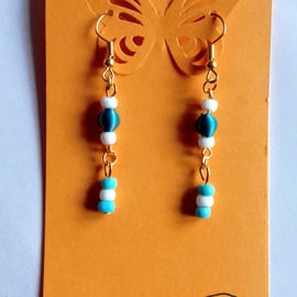 Blue and White Beads dangle earrings.