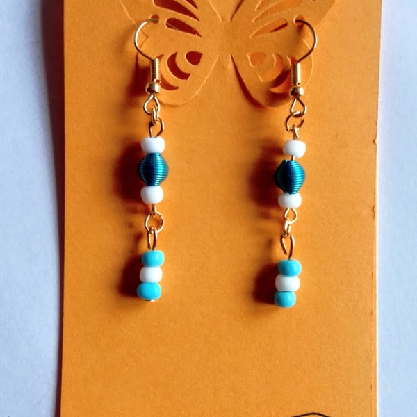 Blue and White Beads dangle earrings.