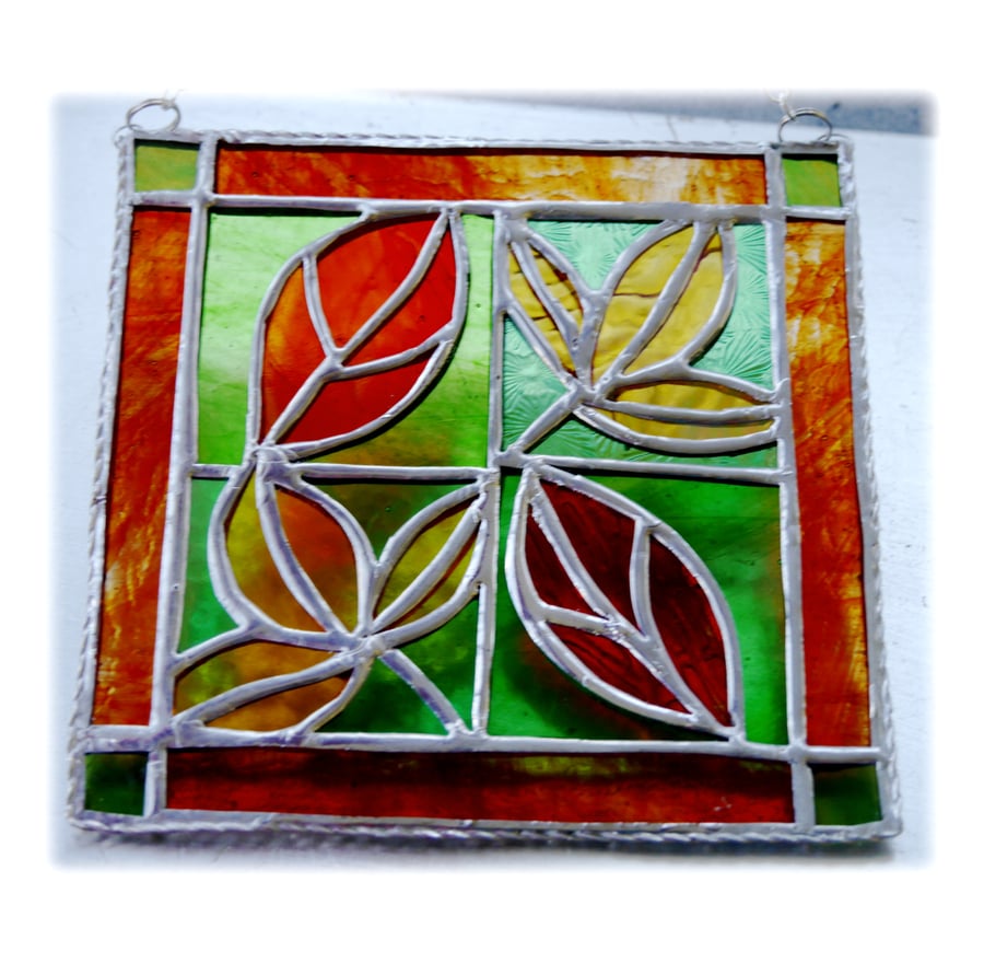 Leaf Tile Suncatcher Stained Glass Red Framed Picture 002