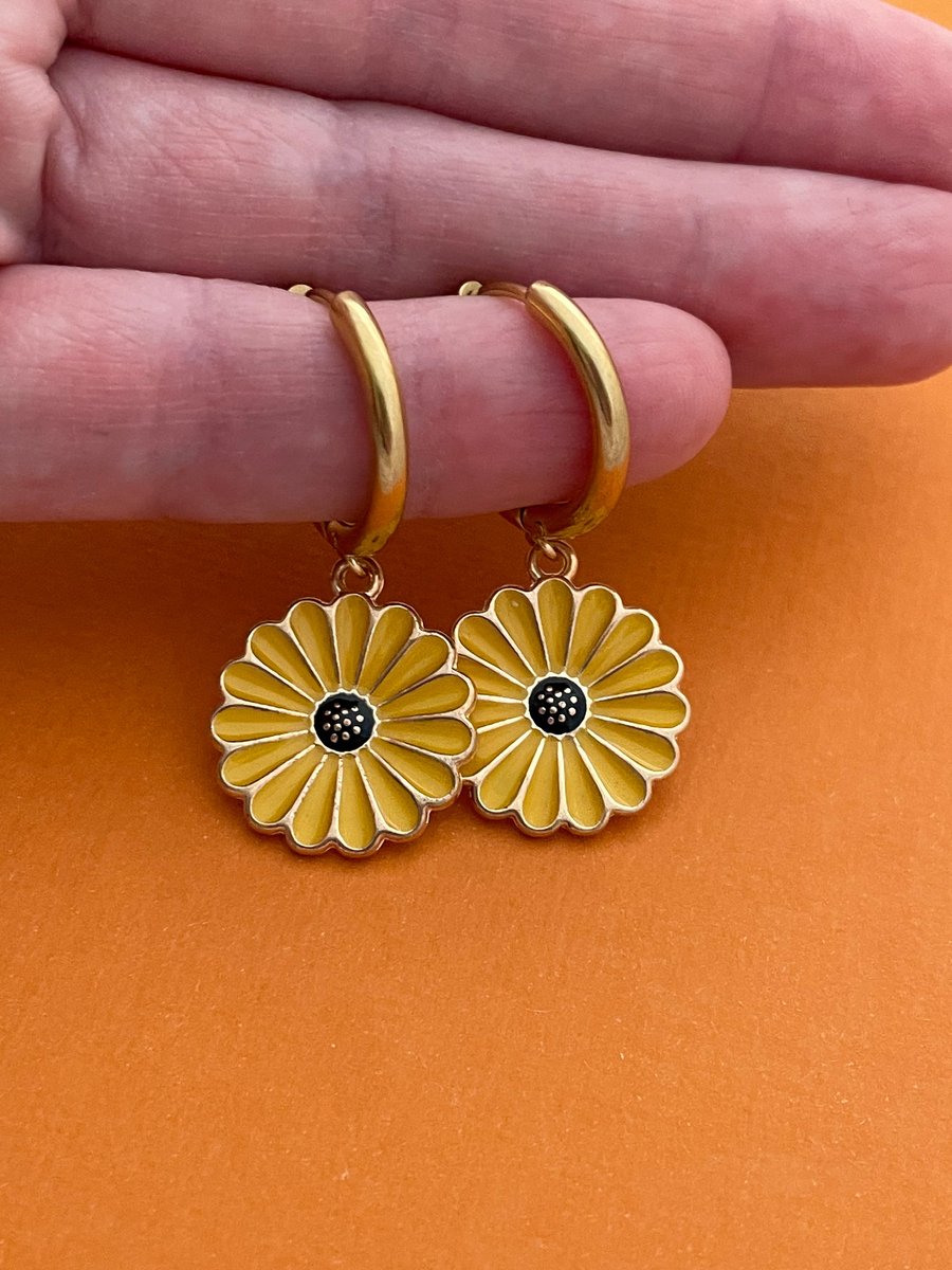 Gold Huggie Hoop Sunflower Earrings