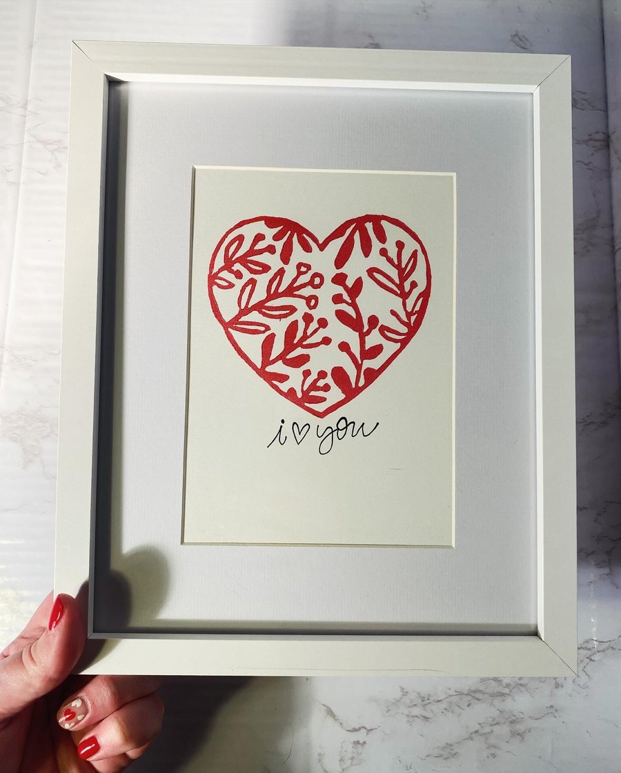Handprinted Lino Valentines Galentines Framed I Love You Print