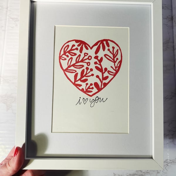 Handprinted Lino Valentines Galentines Framed I Love You Print