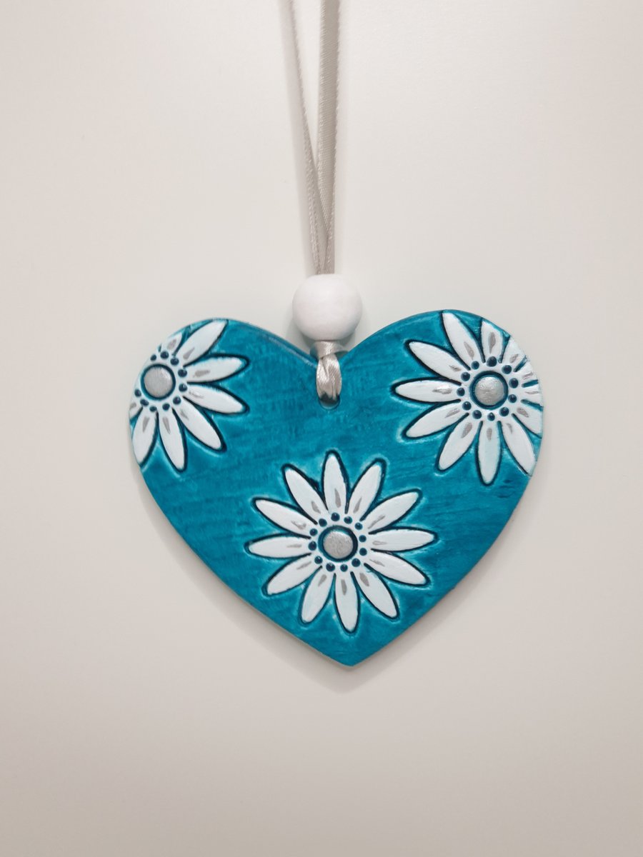 Turquoise floral heart, clay hanging decoration, gift for an anniversary 