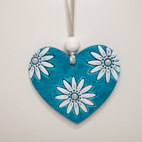 Turquoise floral heart, clay hanging decoration, gift for an anniversary 