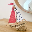 Driftwood boat - red stripe & nautical fabric sails with Cornish driftwood base