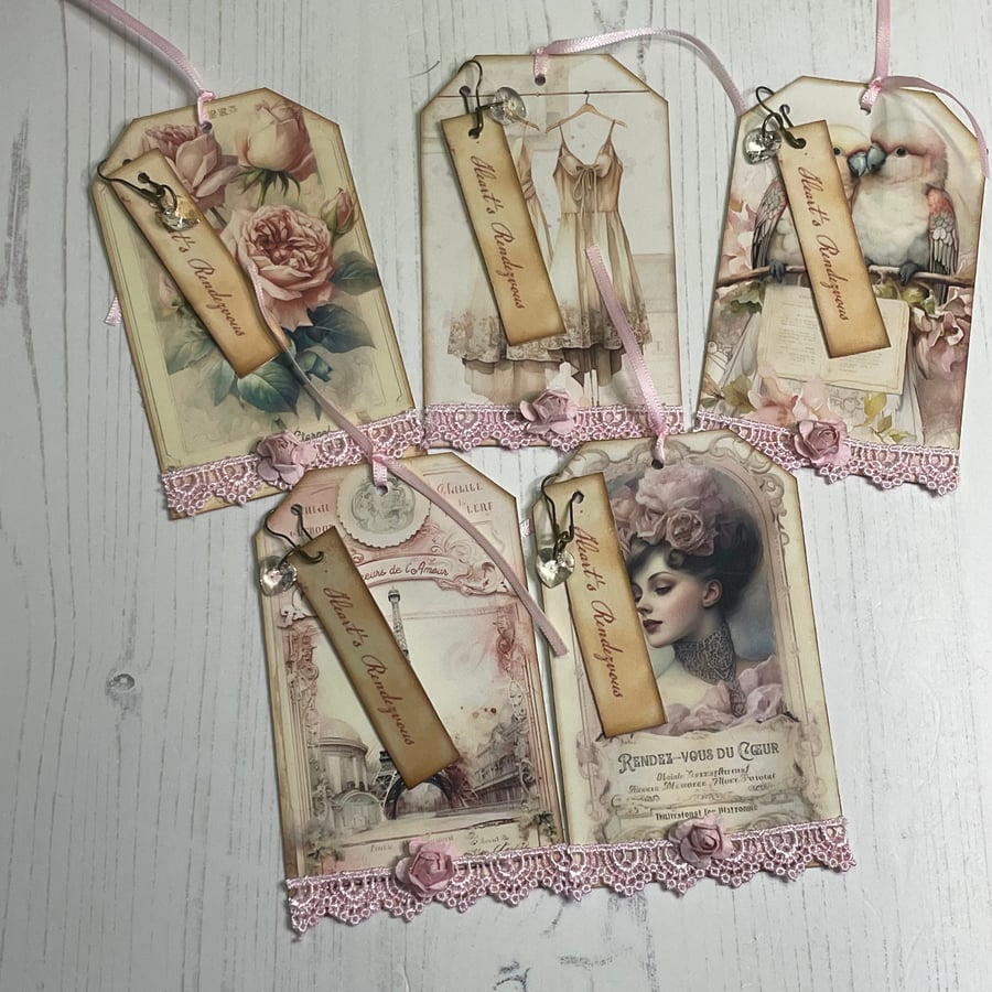 Ephemera - 5 Tags- vintage, hearts rendezvous by Carolee Crafts PB8 0045
