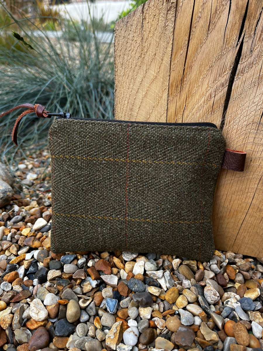 Green tweed coin purse needlecord back from repurposed shooting jacket