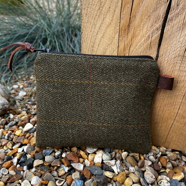 Green tweed coin purse needlecord back from repurposed shooting jacket