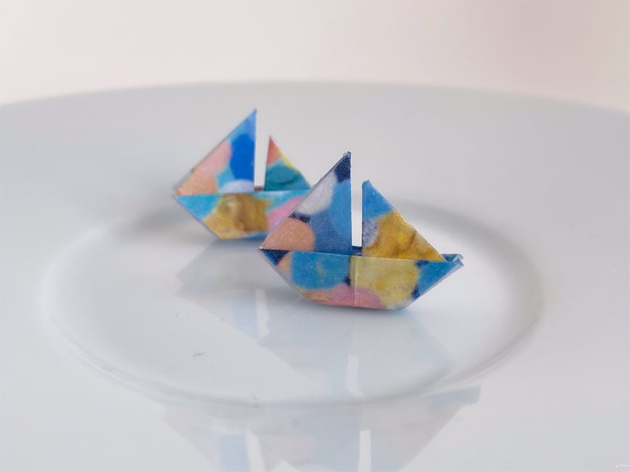 Paper Boat Earrings, Origami Boat Earrings, Paper Boat Earrings, Stud Earrings