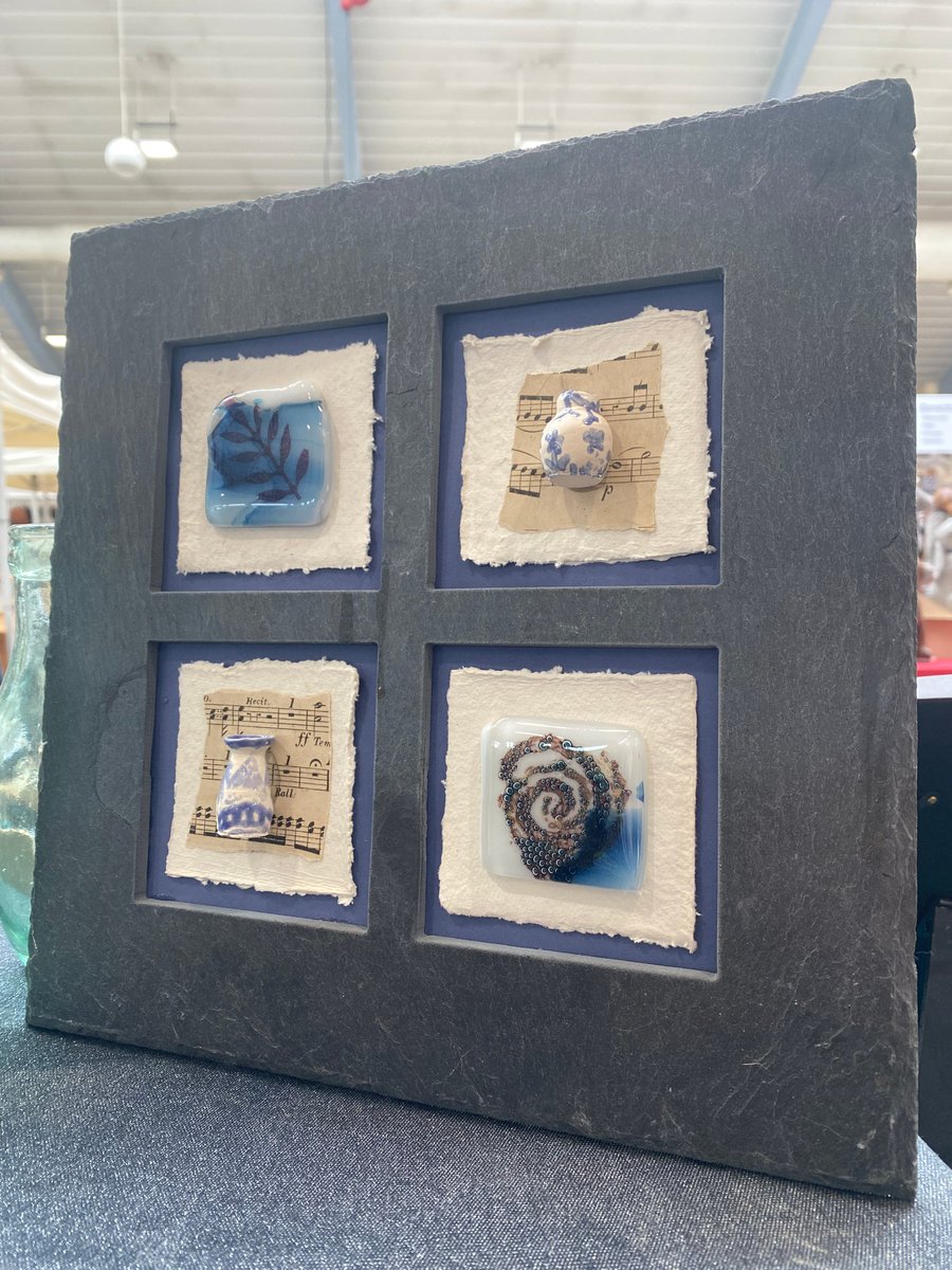 Slate framed blue ceramics and glass assemblage art