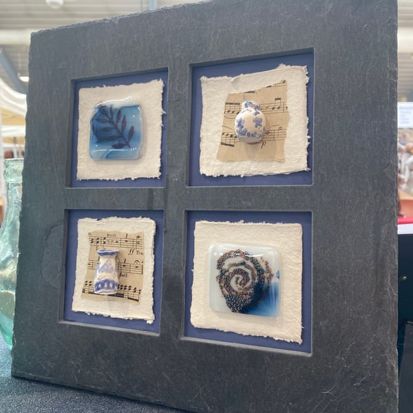 Slate framed blue ceramics and glass assemblage art