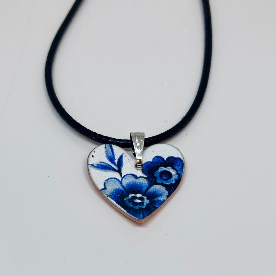 Blue floral enamel heart shaped pendant