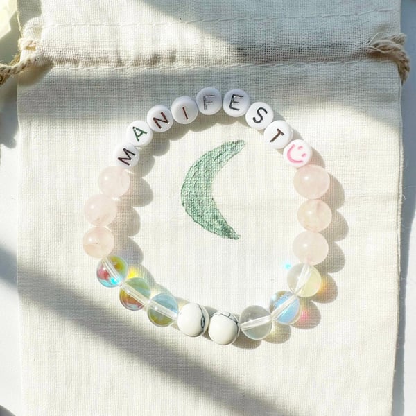 Manifest Crystal Bracelet, Friendship bracelet with Rose Quartz Aura Quartz 