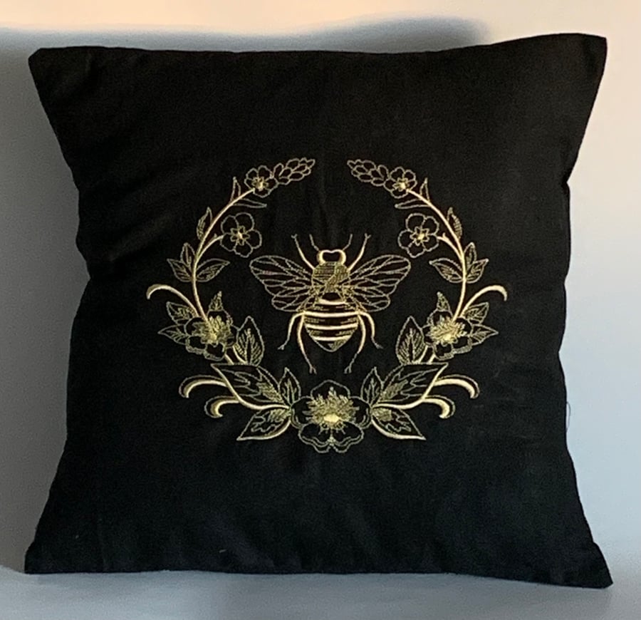 Ornate Gold Bee Embroidered Cushion Cover BLACK 12” x 12”