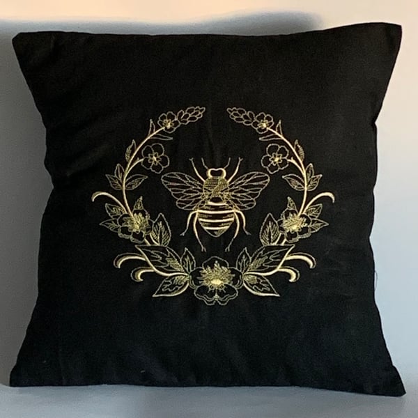 Beautiful Ornate Bee Embroidered Cushion Cover BLACK 