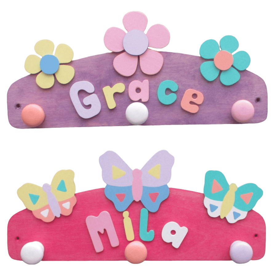 Pastel Coloured Personalised Child's Name Hanger (Flower or Butterfly Design)