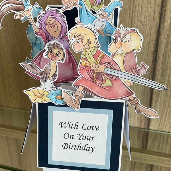 Personalised 3d Pop Up Box Card sword stone Disney Style Birthday Card 