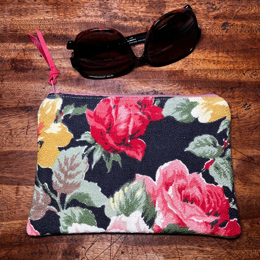 Vintage Rose Barkcloth and velvety green moleskin fabric small pouch