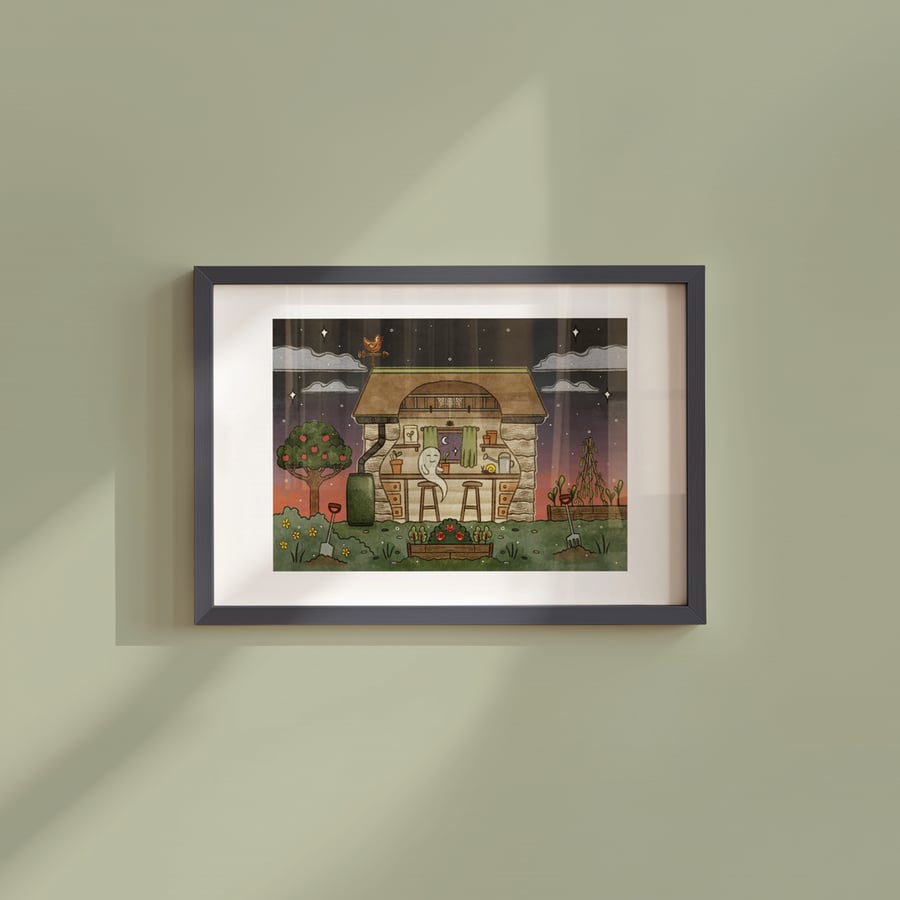 Image of Ghostly Garden shed, Ghosts of Summer, 90s nostalgia, A4 art print