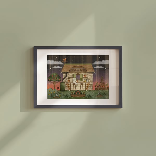 Ghostly Garden shed, Ghosts of Summer, 90s nostalgia, A4 art print