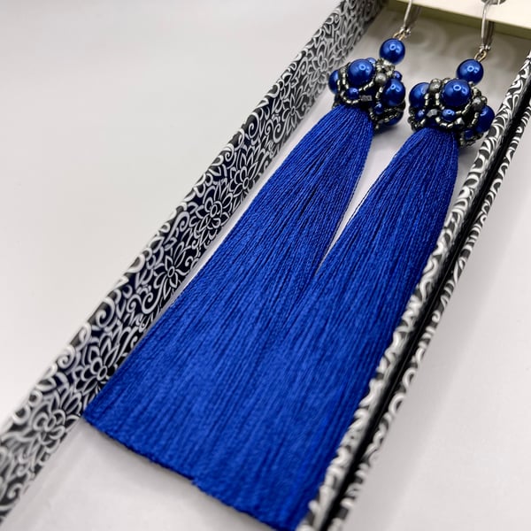 Blue handmade tassel earrings made from premium materials, long chandelier