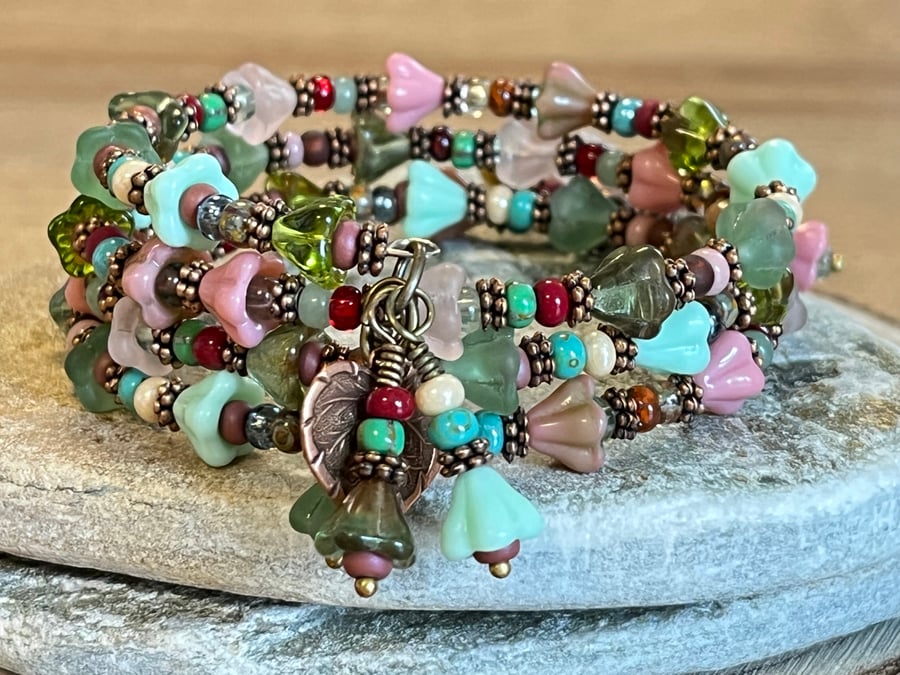 Colourful floral boho beaded memory wire wrap bracelet 