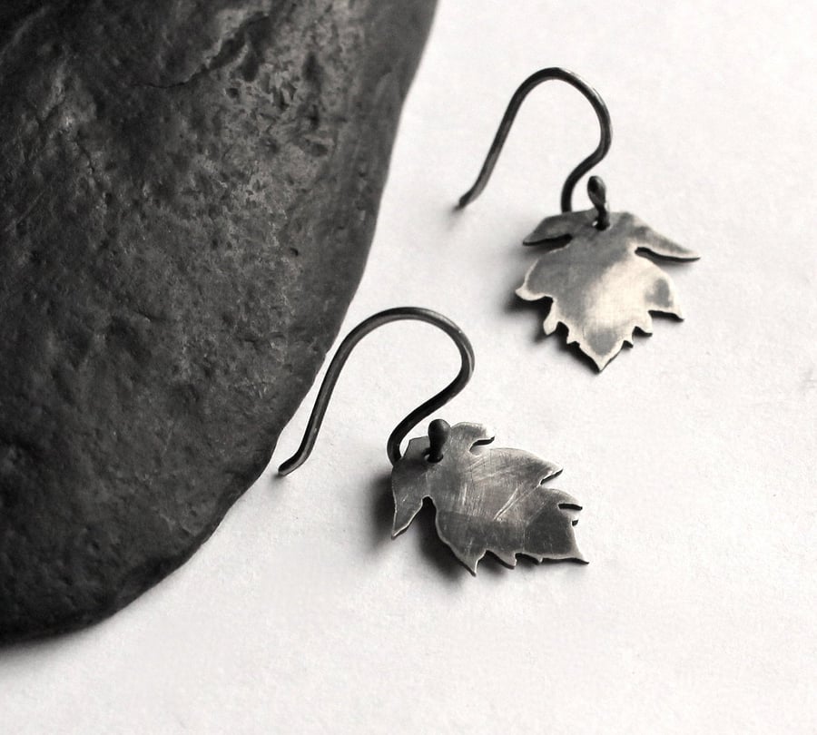 Silver Leaf Earrings - Silver Hook Earings - Oxidised Silver Earrings