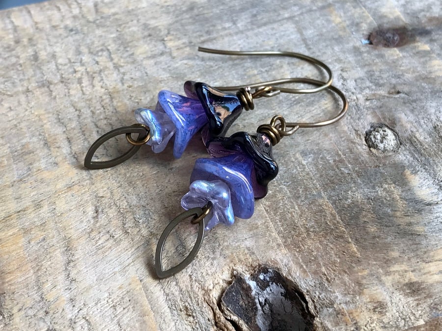 Purple Czech Glass Flower Earrings. Bell Flower Earrings. Stacked Earrings