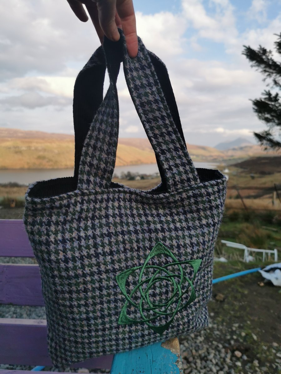 Harris Tweed shopper bag with sacred geometry embroidery design