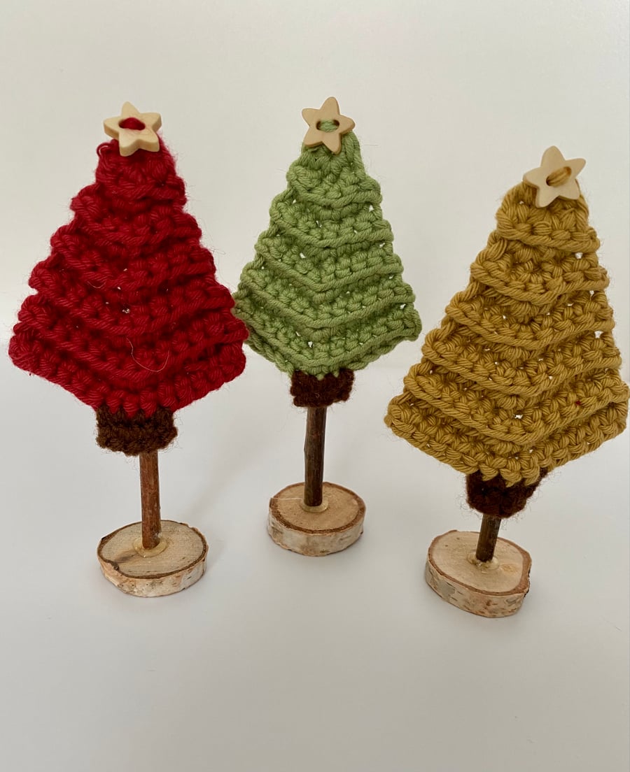 Mini Christmas Trees on Stand in Traditional Colours of Red, Green, and Gold