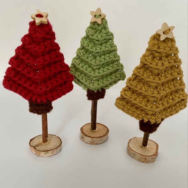 Mini Christmas Trees on Stand in Traditional Colours of Red, Green, and Gold