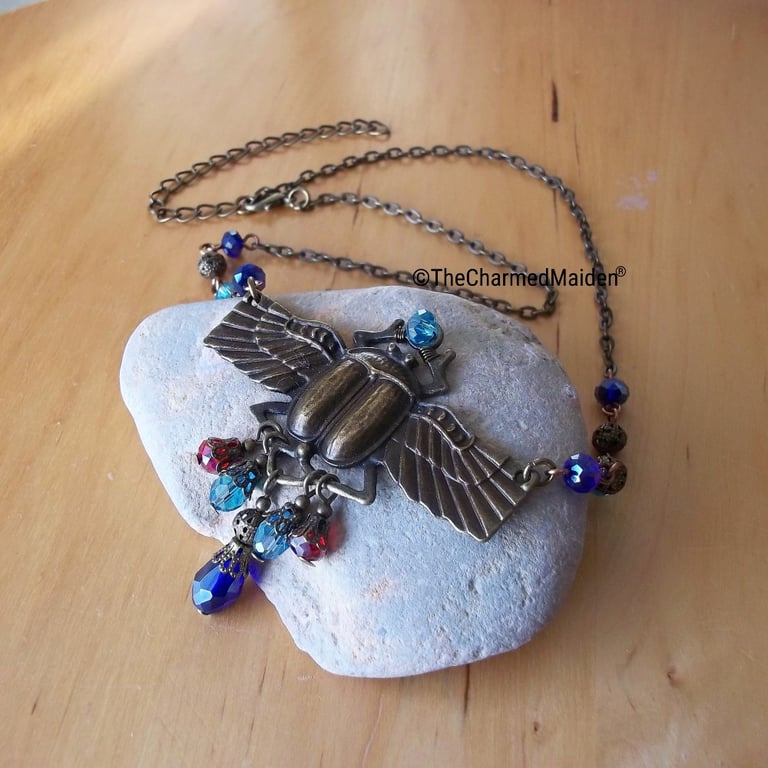 Egyptian Bronze Scarab Necklace, Beaded Wearable Amulet, Adjustable Length