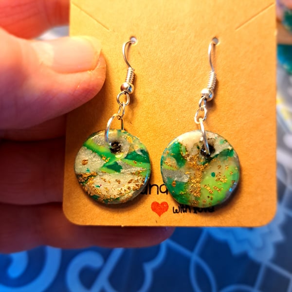 Lovely green, silver and gold leaf circle polymer clay earrings