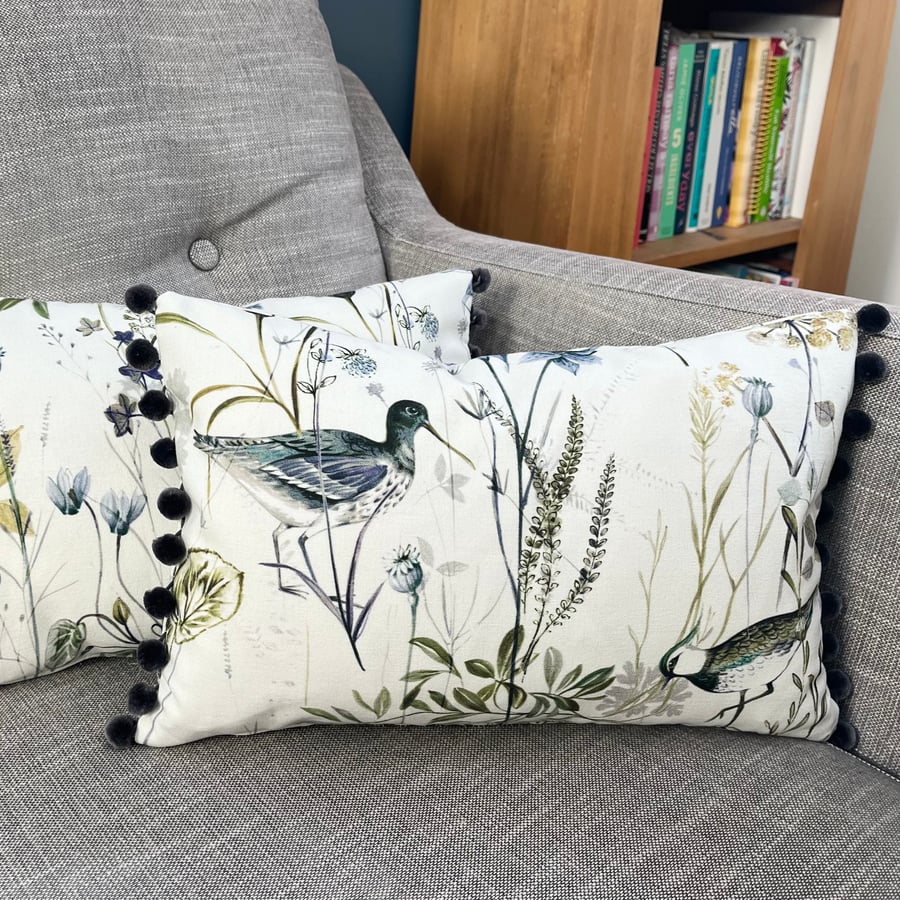 Wetland Birds cushion cover with pompoms blue and green
