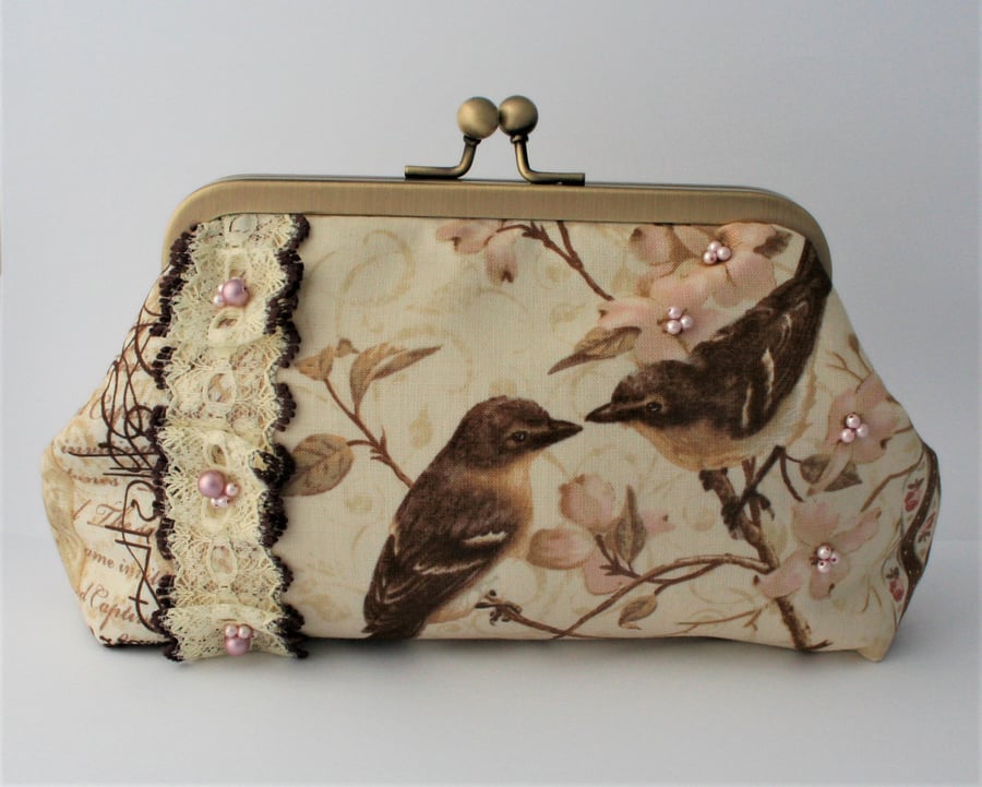 Cherry Blossom and Birds Clutch Purse with Swarovski Pearls Vintage Style