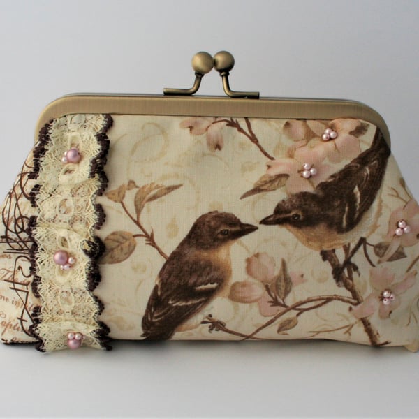 Cherry Blossom and Birds Clutch Purse with Swarovski Pearls Vintage Style