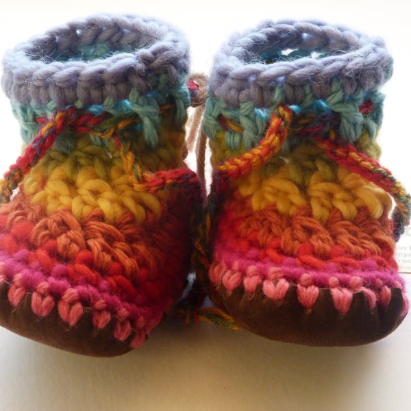 Wool & leather baby boots - Rainbow stripe - 3-6 months