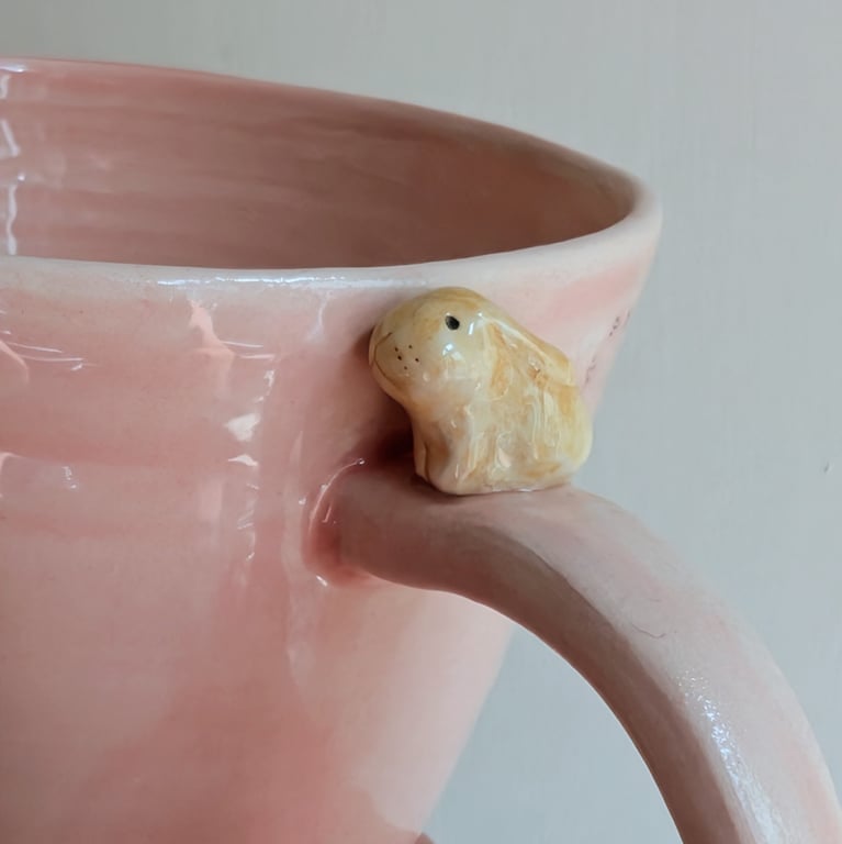 Small Handmade Bunny Cup with Pink translucent Glaze, Tiny Rabbit & Pawprints