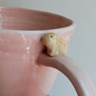 Small Handmade Bunny Cup with Pink translucent Glaze, Tiny Rabbit & Pawprints