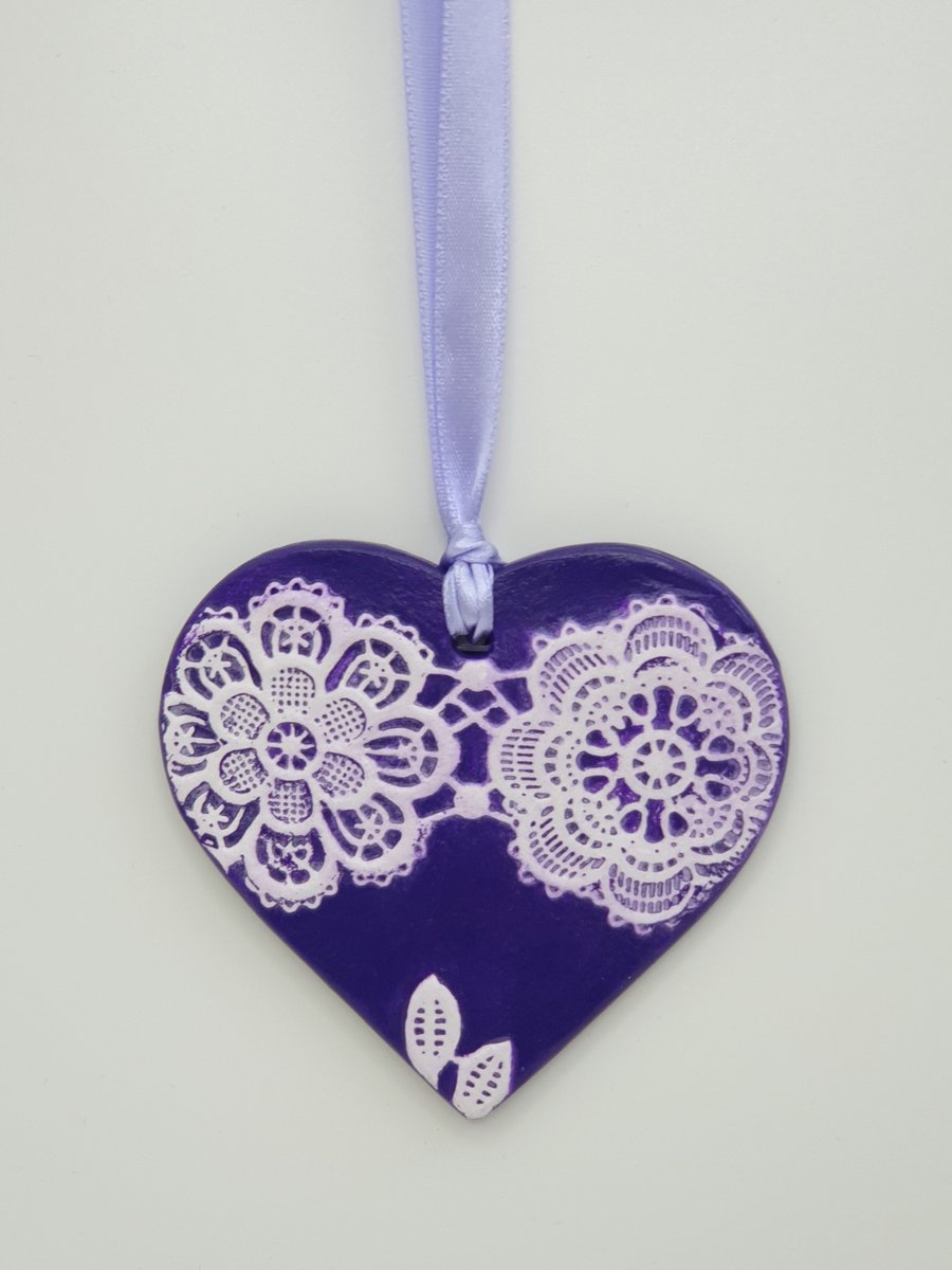 Clay heart, purple and white heart hanging decoration, mother's day gift