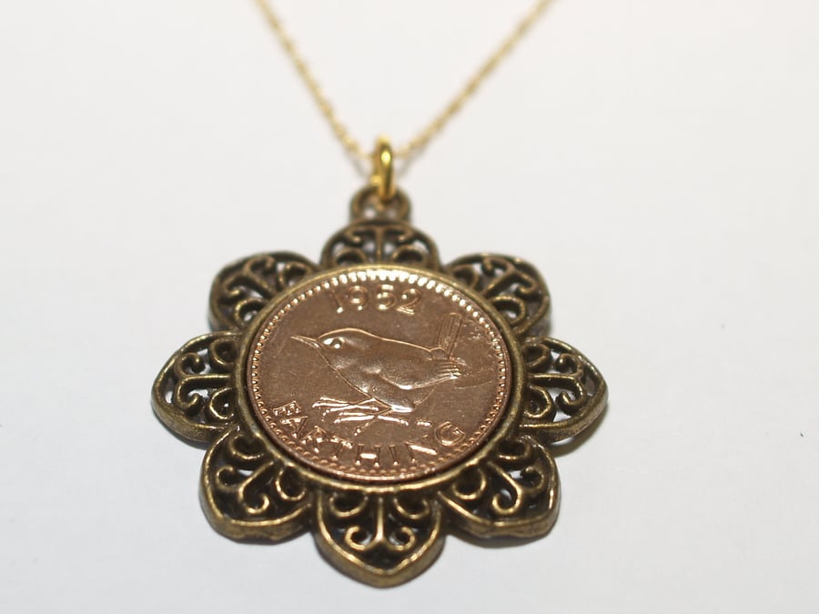 Floral Pendant 1956 Birthday Farthing & 18inch gold plated chain, 64th birthday 