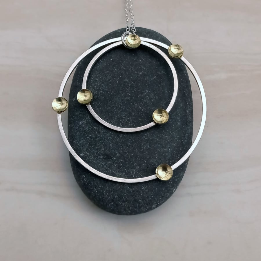 Sterling silver double circle wire and brass cup necklace