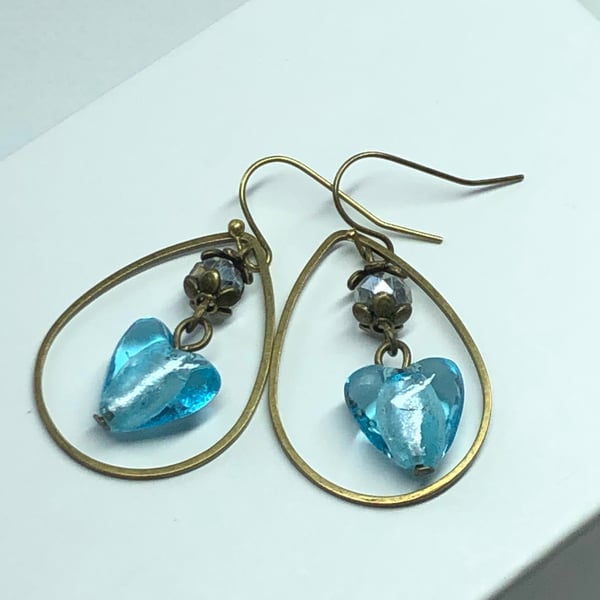Sky blue Murano foil heart hoop earrings 
