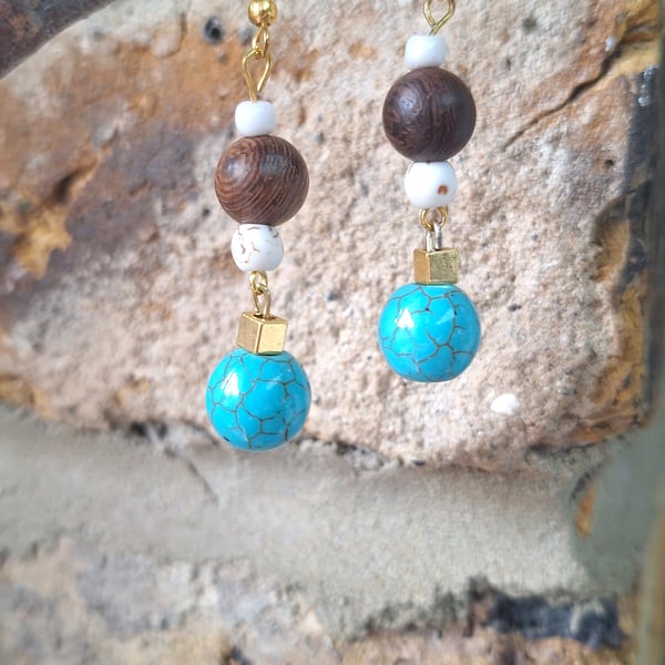 Wooden, turquoise and white earrings