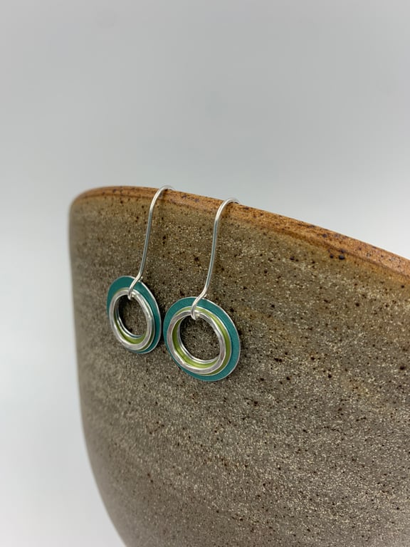 Small Ripples circle earrings in teal and lime with recycled silver ring